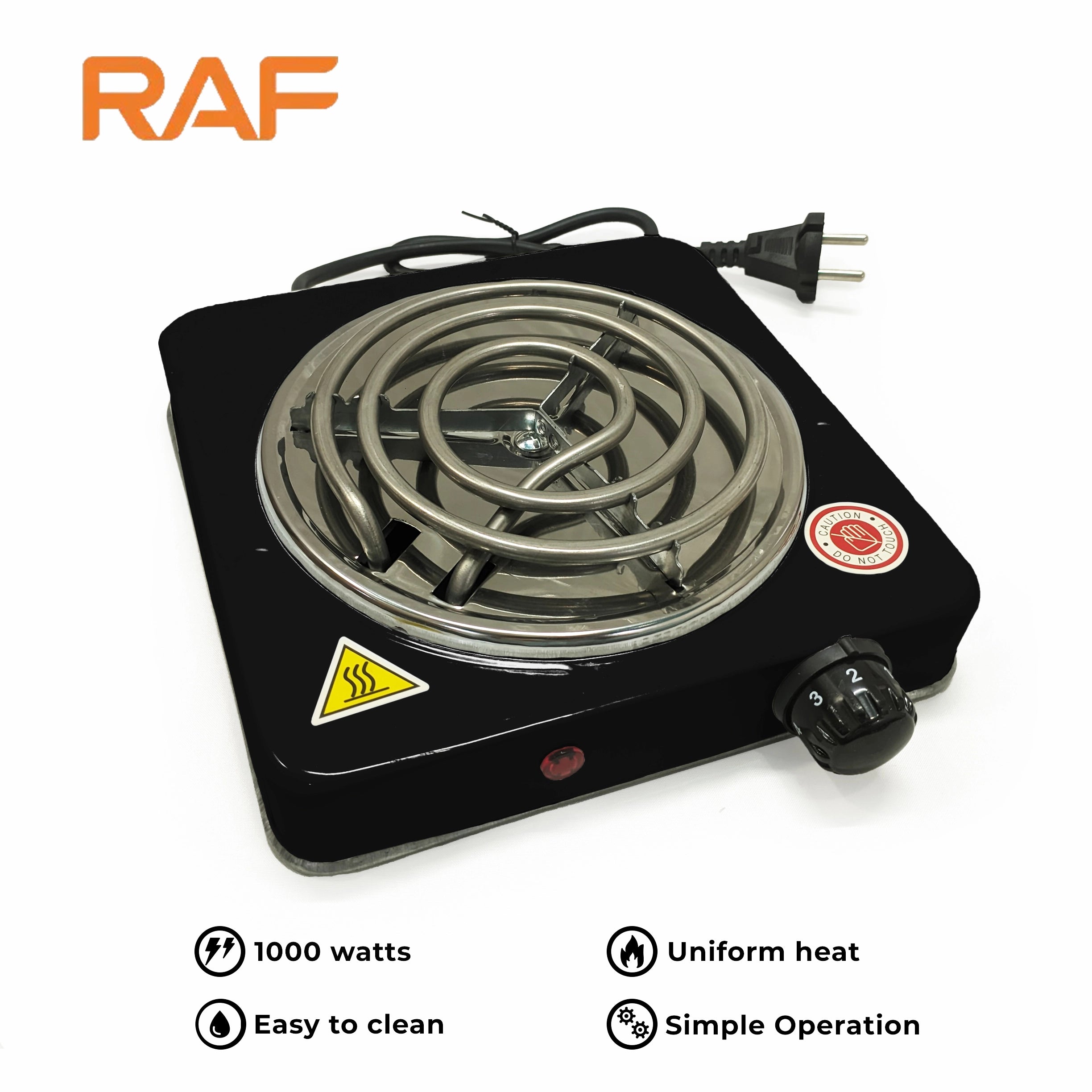 Black RAF R.8010B Electric Stove Hot Plate and Cooker with 1000W Power, Thermostat.