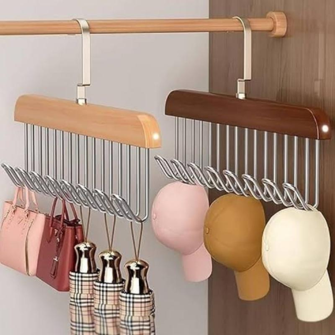 Wooden Closet Hanger Organizer | Space-Saving Rotating Hook Rack for Bags, Caps & Accessories