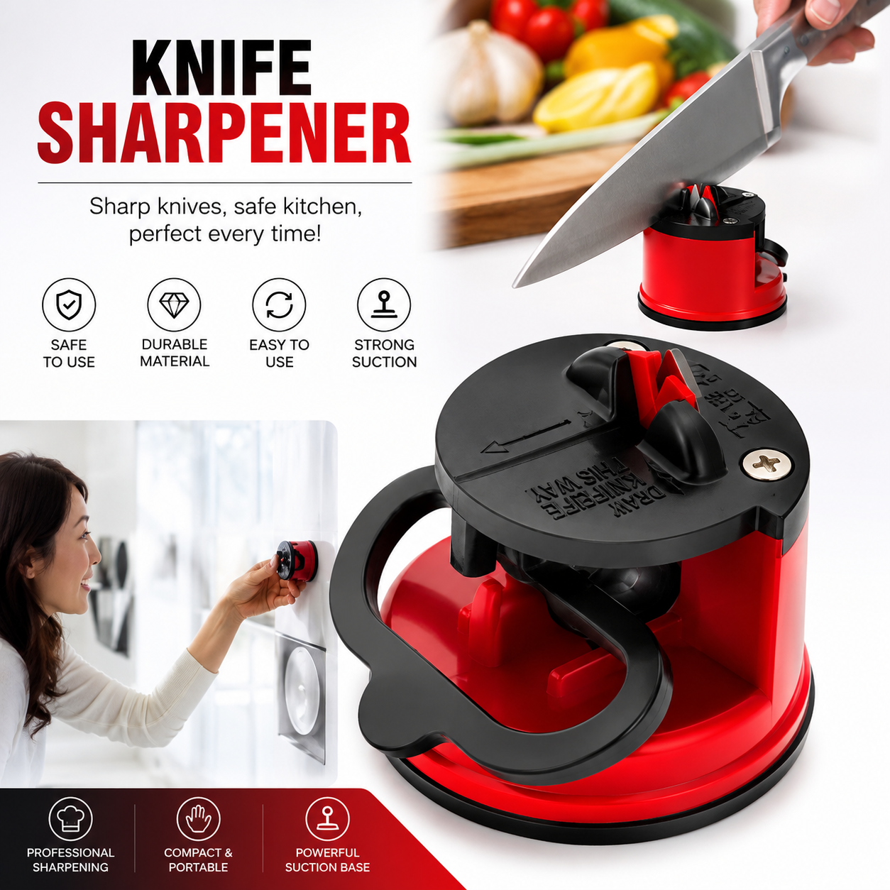 Kitchen Knife Sharpener with Non Slip Suction Cup Professional Two Stage Tungsten