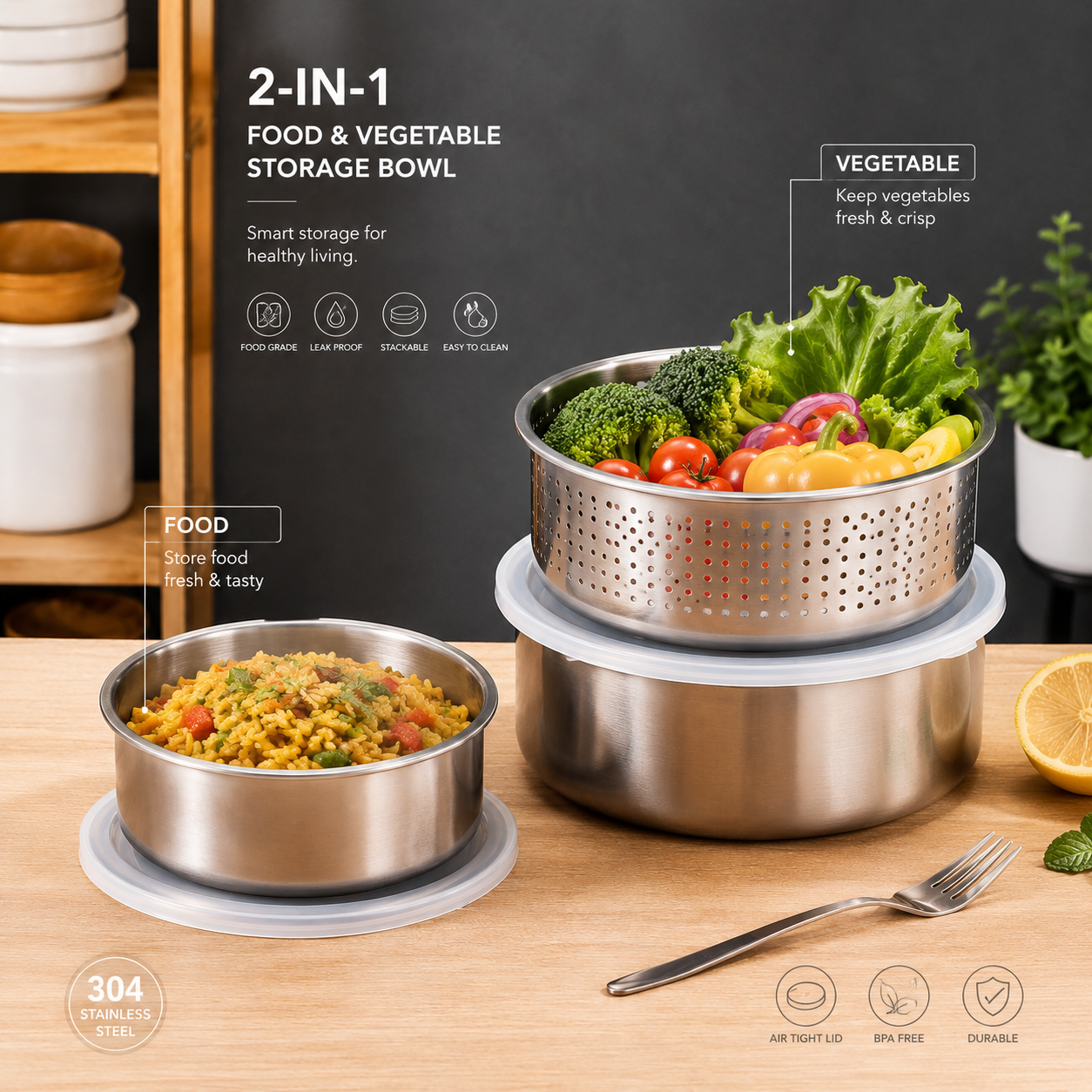 Set Of 5 Stainless Steel Bowl Vessel With Lids
