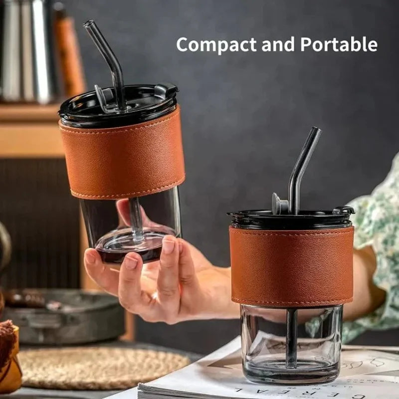 Bamboo Joint Glass Cup with Lid & Straw