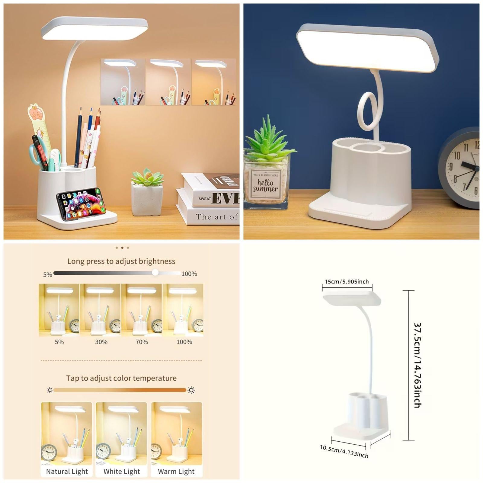 LED Study Lamp with Pen Holder & Phone Stand | Touch Dimmable Desk Light