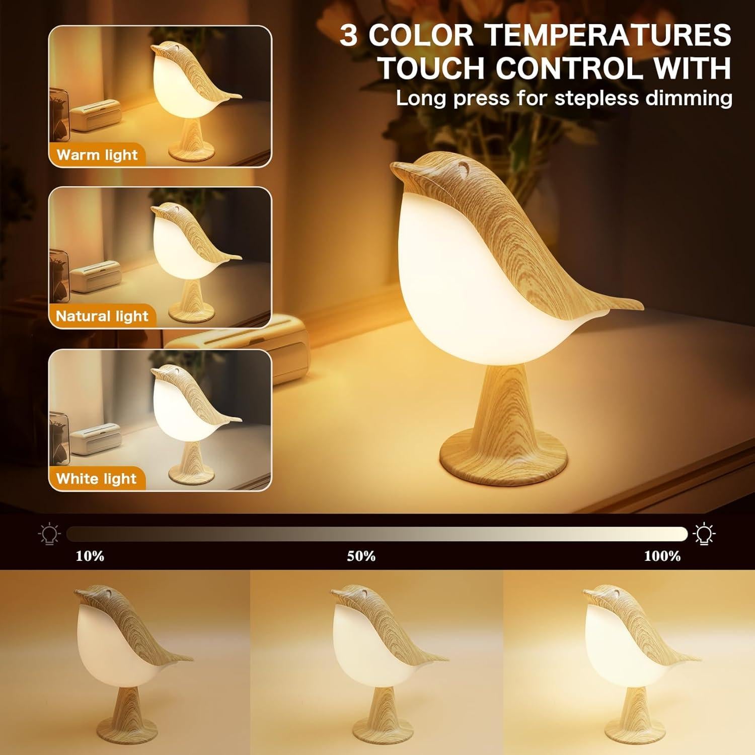 Bird Cordless Table Lamp With 3 Color Temperature Dimmer And Touch Sensor